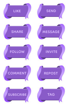 Purple Ribbon Social Media UI Button Collection with Futuristic Curved Ribbon Frame, Modern Digital Interaction Interface Elements,Glossy Social Network Illustration Pack