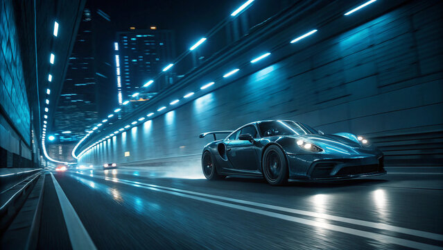 Sleek Dark Sports Car Speeds Through Futuristic Tunnel with Neon Blue Lights