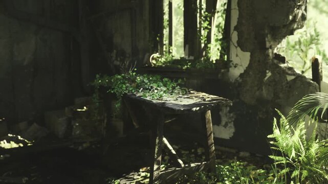 Architectural study of light and ruin with broken window and mossy table, crumbling walls reveal structural lines, contrast of geometry and organic growth,