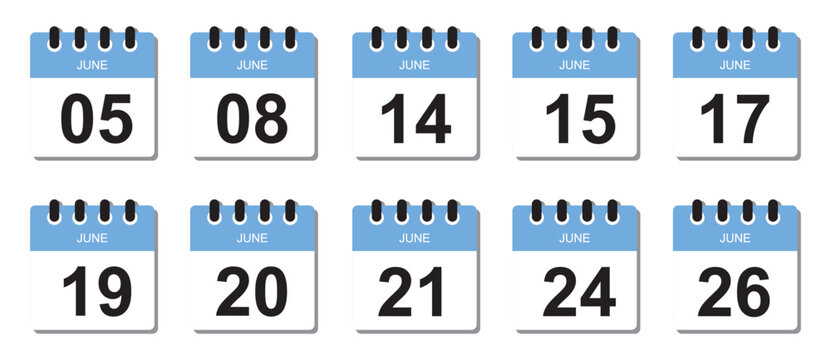 June calendar icon vector set. Spiral calendar pages with different dates, reminder and schedule concept for planner, deadline, and event management