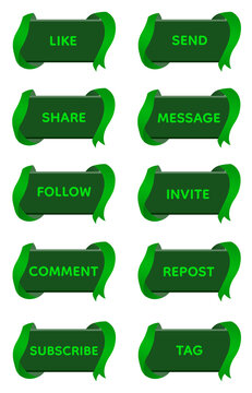 Green Ribbon Social Media UI Button Collection with Futuristic Curved Ribbon Frame, Modern Digital Interaction Interface Elements, Glossy Social Network Illustration Pack