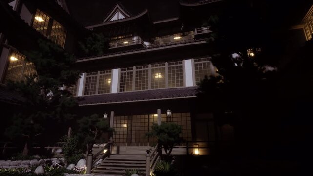 Warm ryokan facade and entrance glowing from interior lights, welcoming wooden doors, lanterns on steps, trimmed plants and balanced traditional proportions