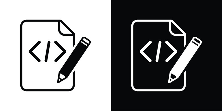 Coding file and pencil icon. Vector illustration of software script editing, code writing, and web programming concept isolated on black and white.