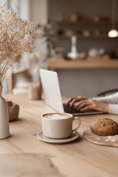 Cozy coffee shop workspace scene with latte and laptop for design, social media banner and background