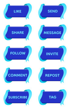Blue Ribbon Social Media UI Button Collection with Futuristic Curved Ribbon Frame, Modern Digital Interaction Interface Elements, Glossy Social Network Illustration Pack