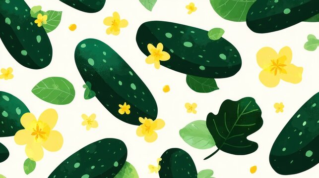 Vibrant seamless pattern features dark green vegetables interspersed with bright yellow blossoms and verdant foliage
