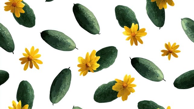 Repeating pattern featuring ripe green vegetables interspersed with bright yellow blossoms against a white backdrop