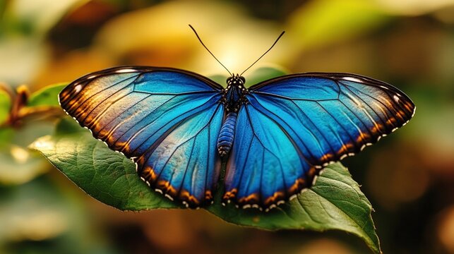 close-up macro shot of a vibrant blue Morpho butterfly resting on a green leaf, sense of wonder and tranquility, nature photography, educational materials, or wellness concepts.