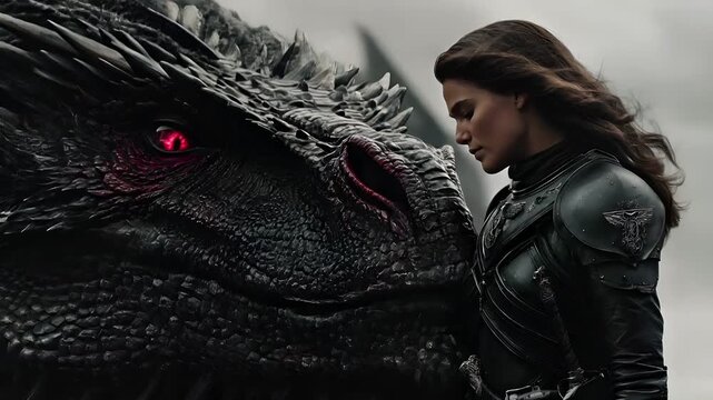 Fantasy wallpaper. A dramatic portrayal of a woman in a dark, armored suit, facing a large, menacing dragon. The dragons scales are intricately detailed, displaying sharp spikes and a deep red eye.