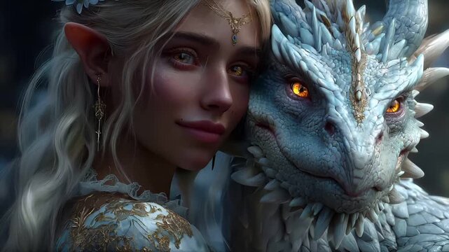Fantasy wallpaper. A detailed digital artwork depicts a female elf and a dragon. The elf has long, wavy white hair adorned with blue flowers and a golden headpiece.