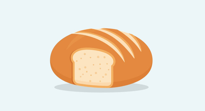 Illustration of freshly baked bread with a slice cut out, isolated on a light background