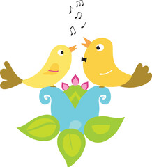 Fototapeta premium Cute cartoon yellow birds singing on colorful flower with musical notes isolated on white background