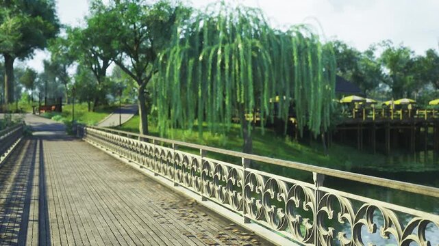 Sunlit promenade lined with verdant canopy, weathered planks creating leading lines, soft shadow patterns, ornamental railing bordering tranquil waterside,