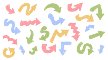 Obraz premium Hand-drawn colorful arrow collection on a white background, illustration style, direction concept, pastel tones, various shapes, guidance, transparent.