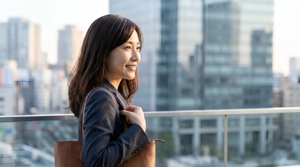 Fototapeta premium Smiling Asian Businesswoman Looking at City Skyline from Office Terrace