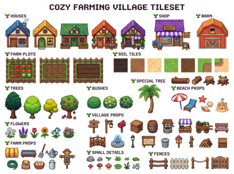 Pixel-art cozy farming village tileset featuring charming pixelated houses, shops, barns, farm plots, trees, bushes, and beach props in warm pastel and earthy tones, perfect for game development and