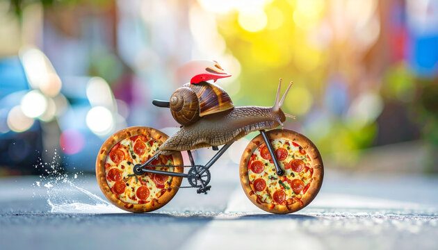 A Whimsical Snail Rides a Bicycle with Pepperoni Pizza Wheels Through a Brightly Lit Outdoor Scene