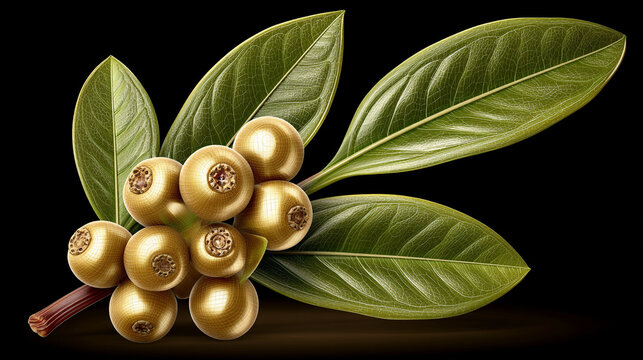 Bunch of golden loquat fruit with green leaves on a black background, food ingredient