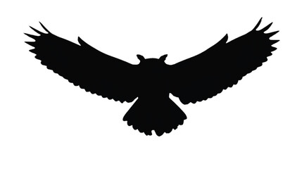 Fototapeta premium Owl silhouette with expansive wings spread wide creates a powerful and mysterious image, utilizing deep black tones and sharp feather textures to symbolize wisdom and nocturnal grace in design.