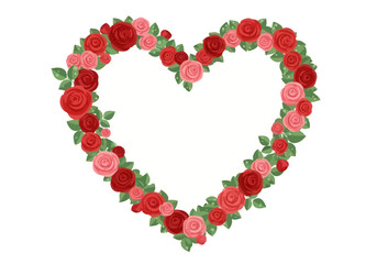 Naklejka premium A heart-shaped floral arrangement of red and pink roses with green leaves on a white background