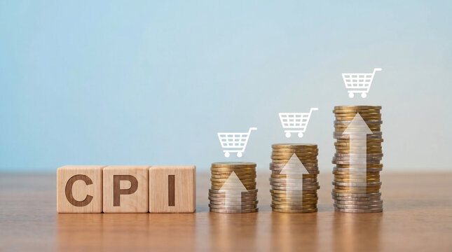 Coin stacks and CPI letters, symbolizing consumer price index, price trends, and financial market inflation.