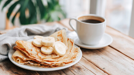 Fototapeta premium Crepes with banana slices and hot coffee on rustic wooden table, enjoying cozy breakfast in soft daylight