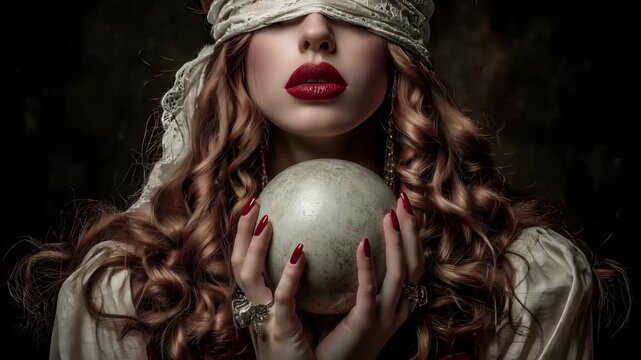 Fantasy wallpaper. A dramatic portrayal of a woman with a mysterious and ethereal aura. She wears a white lace headpiece with a red gemstone, and her long, wavy.