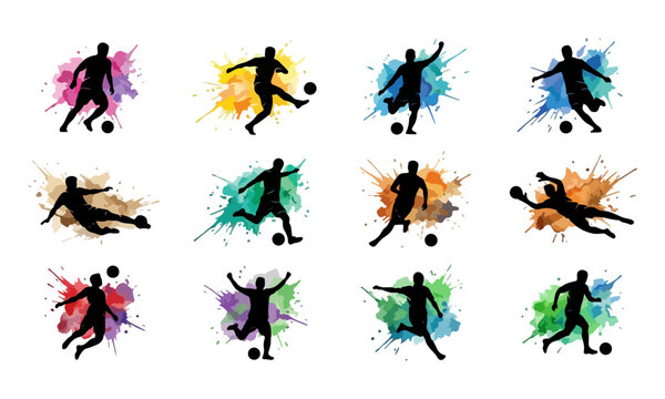 colorful soccer player silhouettes with paint splash background, dynamic football action poses,