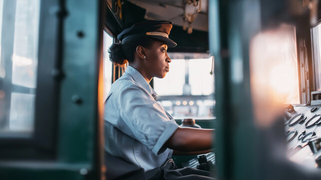 Black woman tram driver operating vintage train control cabin with green panels, focused on journey