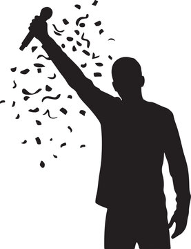 Silhouette of a Speaker or Singer Holding a Microphone with Confetti