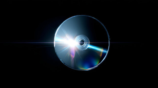 Optical disc shimmering with bright light and a horizontal lens flare, symbolizing data, technology, and entertainment