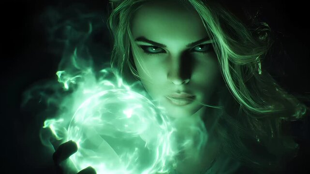 Fantasy wallpaper. A dark, atmospheric portrayal of a female figure with striking green eyes and flowing blonde hair. She holds a glowing orb in her hand.