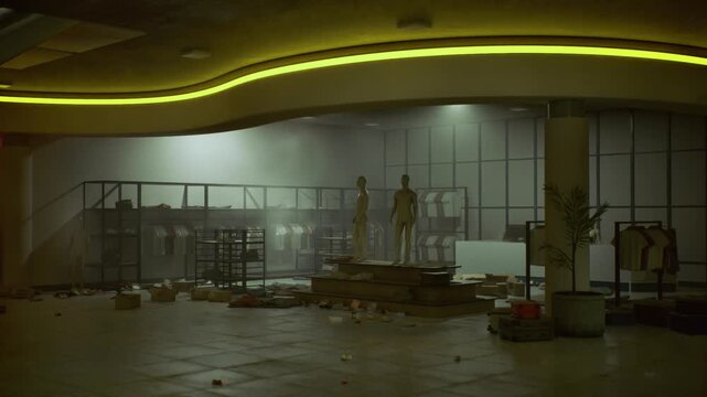 Latenight visual merchandising rehearsal with mannequins stylist adjusting poses under warm strip lights, fabric drapes, platforms and reflective surfaces