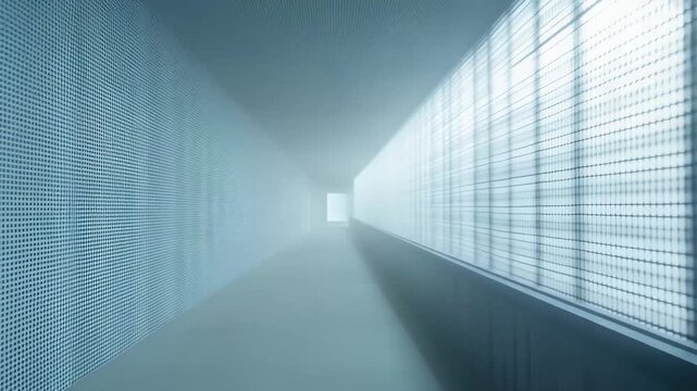 Modern minimalist corridor with converging blue lit textured walls leading toward a bright focal point, geometric grid patterns and sleek high tech ambiance conveying depth and calm