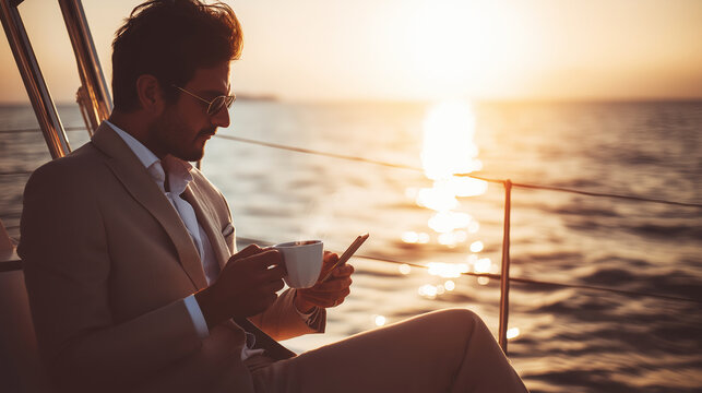 Dapper man relaxing on a yacht at sunset, holding a cup of coffee and smartphone against a glowing ocean horizon