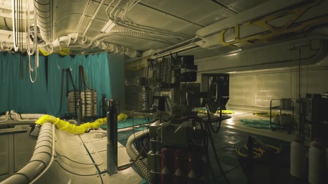 Noisy spacecraft service bay with bundled hoses and cable harnesses, industrial middeck ambience, modular panels and maintenance platforms, yellow conduit