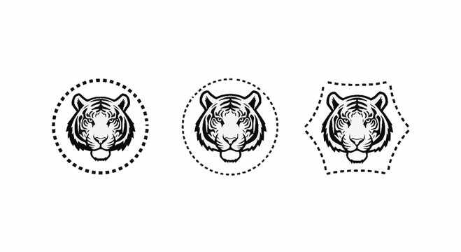 Tiger head mascot icons in dashed geometric frames