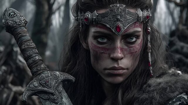 Fantasy wallpaper. A detailed, dark fantasy artwork depicts a female warrior in a forest. She wears ornate silver headgear with red gemstones and a furlined cloak.