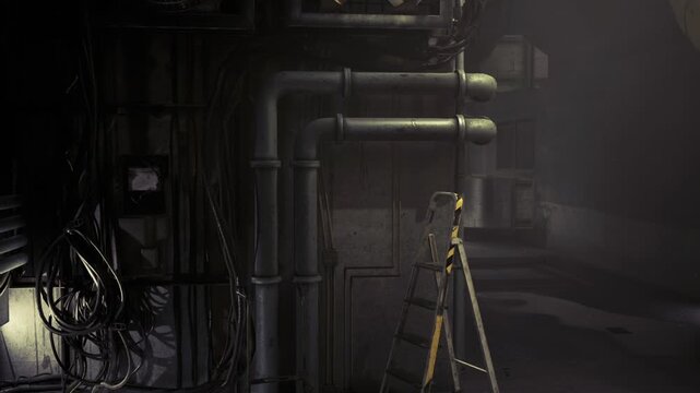 Closeup service ladder beside piping, oil stains on floor, bundled cables hanging, worn concrete surface, maintenance tools implied, textured grit