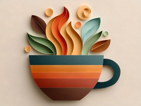 A creative illustration of a cup overflowing with colorful paper art, resembling steam and leaves, evoking a warm and inviting feeling
