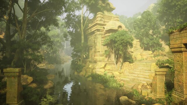 Golden light bathes Chacoinspired sanctuary steps and vegetation, warm tones highlight carved faces and erosion patterns, conveying timeless ritual atmosphere