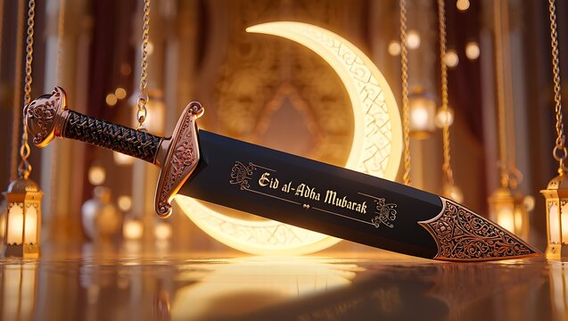 Decorative scimitar sword with arabic inscription on golden background