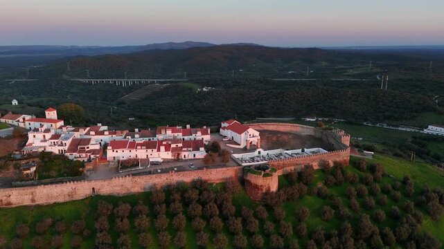 Aerial Sunset View Above Evoramonte Castle and Alentejo