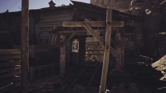 Lanternlit wooden outpost in wild west, weathered posts and beams framing dim porch with hanging lantern, deep shadows, dustladen planks and rustic decay