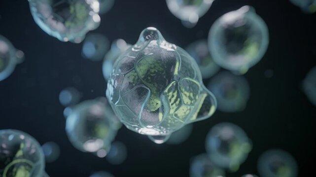 Microscopic 3D animation of translucent cells or microorganisms floating in a dark liquid environment.