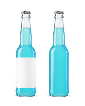 Two glass bottles containing turquoise liquid, one with a blank white label isolated. Transparent PNG image.