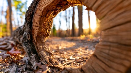 Obraz premium Serene View Through Hollow Tree Trunk Surrounded by Nature at Sunset in a Forest Environment