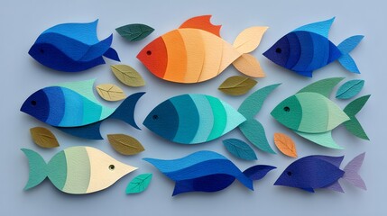 Obraz premium A colorful collection of fish artfully arranged on a pastel background, with scattered leaves creating a serene underwater scene