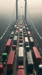 Fototapeta premium Aerial view of rows of heavy cargo trucks parked on a suspension bridg