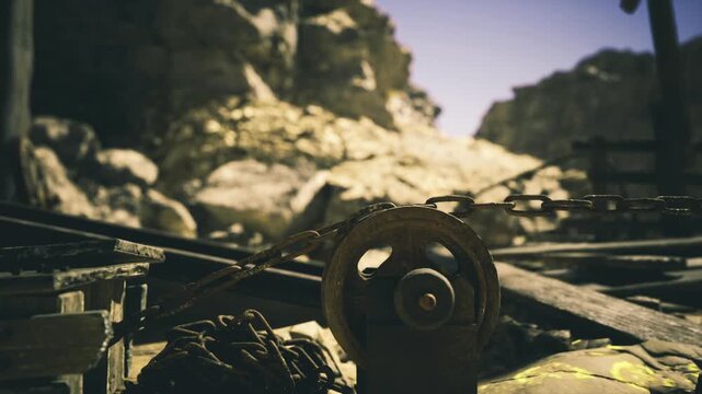 Weathered wheel assembly under harsh sun, namibia desert relic with braided rope, splintered wood and scattered pebbles, warm amber tones and nostalgic mining